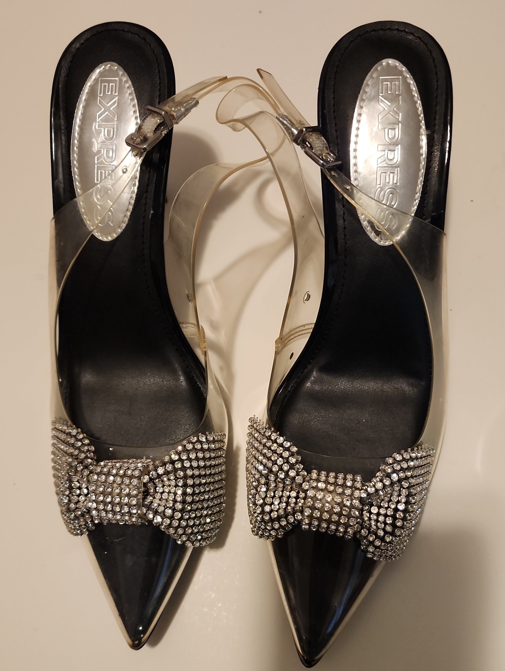 Express Pointed Slingback Kitten Heels with Clear Straps and Crystal Bow - 8M